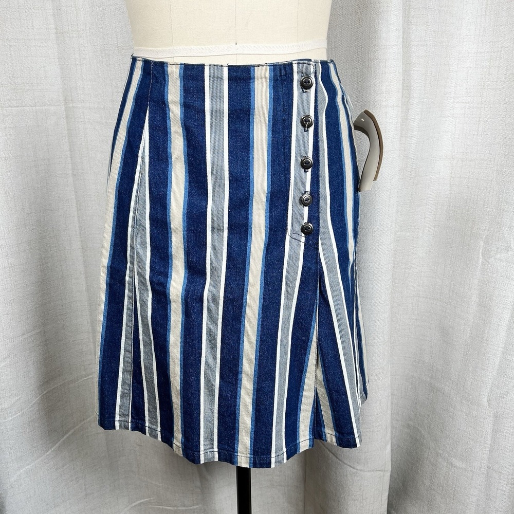 NEW! Vintage 90s Stampede Denim Wrap Skirt Railroad Striped Blue Cream Sz 10